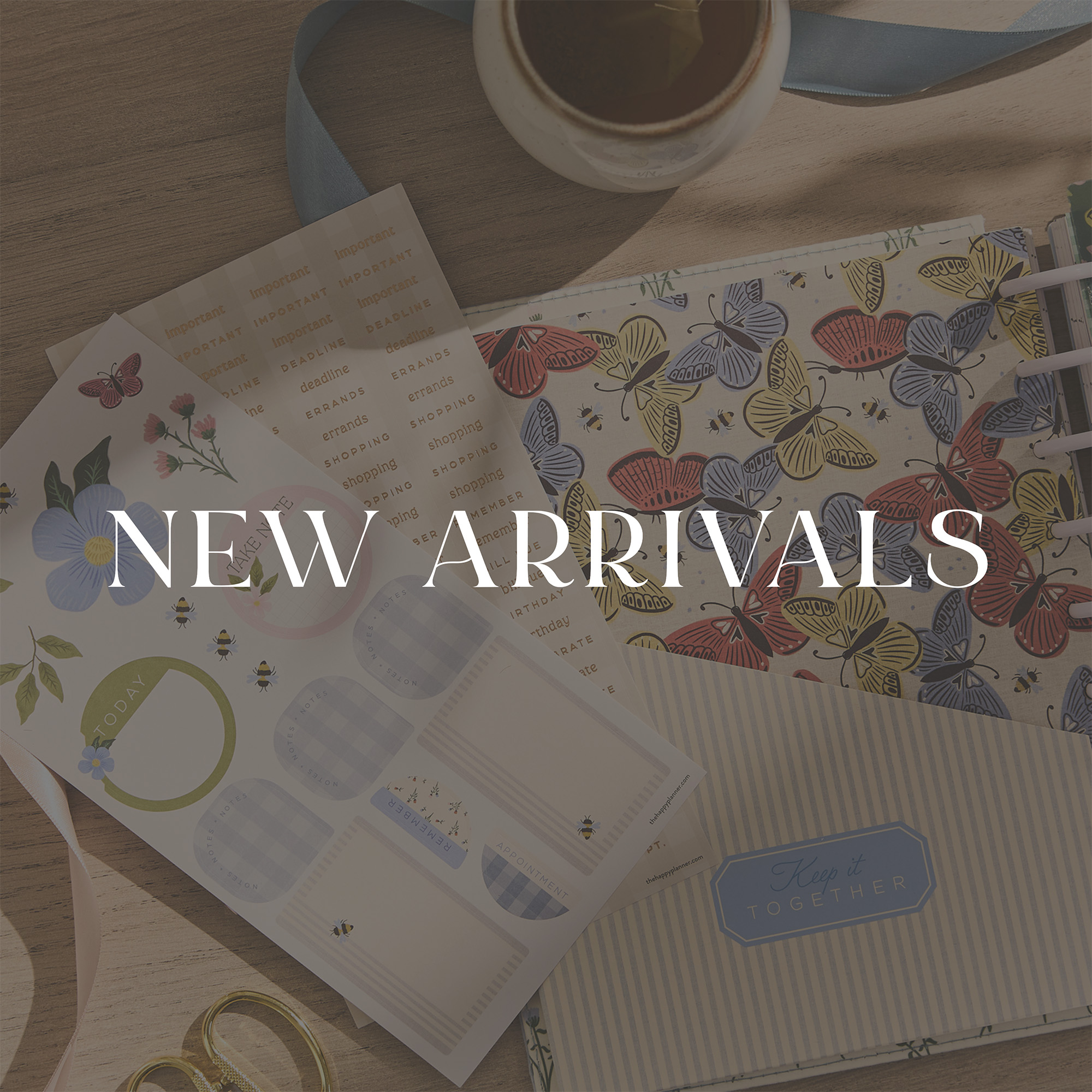 ```html
<img src=_image.html alt="A collection of stationery items including floral and butterfly designs, labeled with 'New Arrivals'.">
```